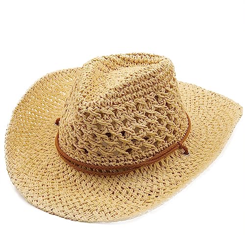 Men’s Western Cowboy Hat Wide Brim Shapeable Panama Straw Hat Summer Beach Sun Hat Outdoor Travel Cap with Chin Strap Beige