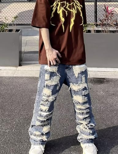 Mens Y2k Ripped Jeans Baggy Hip Hop Demin Pants Aesthetic Skater Distressed Jeans Loose Fit Jeans with Holes3