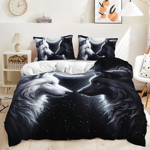 TKCQX Housse de Couette 220x240 Enfant Loup Lune Ciel éToilé Parure de Lit 220x240 Enfant Garçon Fille Adulte Housse de Couette 1 Personne en Microfibre...
