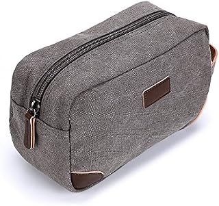IGNPION Travel Cosmetic Wash Bag Unisex Toiletry Bag Vintage PU Canvas Compact Travel Make up Shaving Dopp Kit with Handle