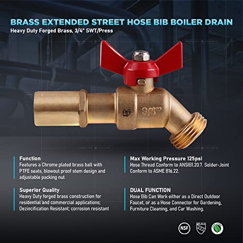 Image of Midline Valve Extended Street Hose Bib Boiler Drain, 3 /4'' SWT /Press, Brass (5 Pack)