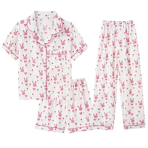 Image of Hupohoi Big Girls Button Down Pajama Set 3pcs Short Sleeve Long Pants with Shorts Crepe Wrinkled Fabric Sleepwear Nighty