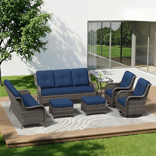Image of 7 Piece Outdoor Wicker Patio Furniture Set, Outdoor Swivel Rocker Patio Chairs Set with Thickened Olefin Cushions, High Back and Deep Seating, Hand-Woven PE Rattan for Porch, Deck