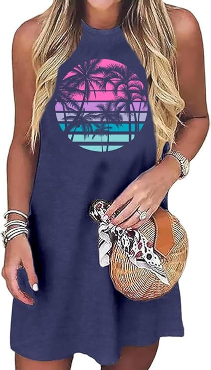 Image of Sun Salt Sand Coconut Tree Tank Mini Dress for Women Sleeveless Beach Praty Shirts Summer Vacation Short Mini Dresses