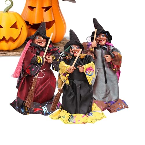 Figura de bruxa de Halloween, pequena boneca de bruxa, 3 ornamentos de bruxa, decoração para casa, expressões faciais estranhas, acessórios para representação da estética de terror