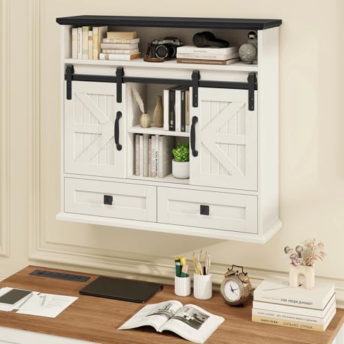 Image of Vabches Bathroom Wall Cabinet, Farmhouse Medicine Cabinet with Sliding Door | Vintage Storage Cabinet Wall Mounted with Storage Drawer and Removable Divider for Bathroom, Kitchen, Rustic White and Black