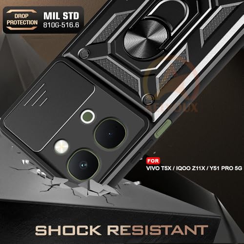 Image of Armor Bumper Back Cover Case for iQOO Z11X / Vivo T5X / Vivo Y51 Pro 5G | Rotating Camera Cover, Ring Holder & Kickstand | Heavy Duty & 360 Degree Protection Back Cover (Black)
