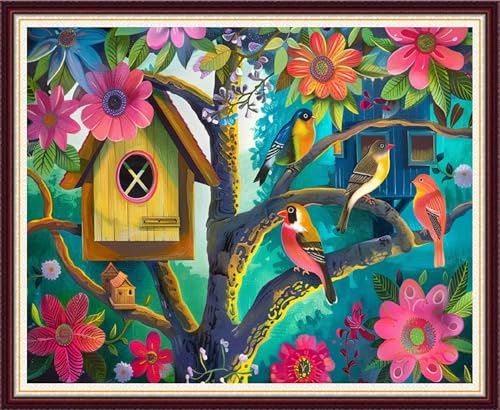 Image of Foxnyart Stamped Cross Stitch Kits Full Range of Embroidery Needlework Starter Kits for Beginners Adults 11CT Embroidery Patterns Art Crafts DIY Needlepoint Kit-Bird Flower Home 16x20 inchs