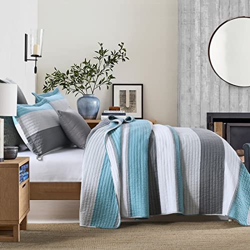 Perhom Striped Quilt Queen Size 100% Cotton Queen Size Quilt Bedding Set, Blue Gray White Green Striped Bedspread, Lightweight Cozy Queen Quilt Bedding Sets For All Season, 3 Pieces #TOP2