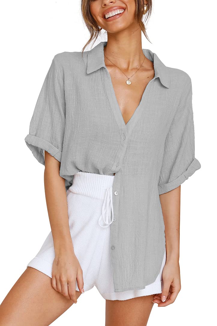 LOMONWomens Short Sleeve Button Down Shirts Cotton Linen Collared V Neck Tops Blouses Business Casual