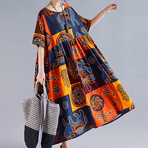 Vestido feminino solto Csul de linho de algodão Florl Boho Mxi Dress Contrst House Robes Mangas comp