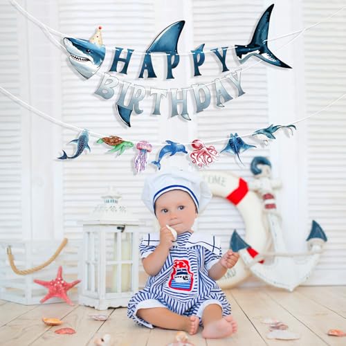 Image of Hooqict Ocean Birthday Party Decorations Shark Happy Birthday Banner Garland Sea Ocean Party Banner for Kids Boys Under The Sea Animal Themed Party Decorations