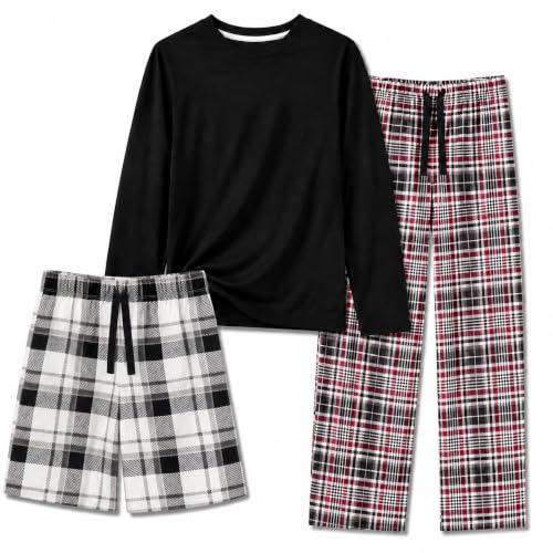 Image of US Angels Boys Pajamas Set | 3-Piece Pant, Shirt, Shorts Sleepwear Pjs for Kids | Loose Fit, Soft, Breathable Blue Plaid