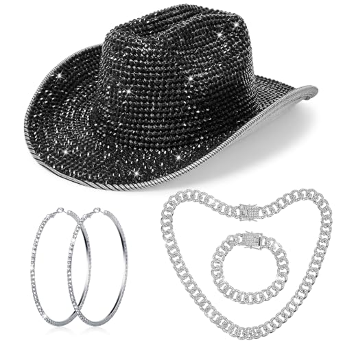 Hercicy Cowgirl Outfit for Women Silver Rhinestone Cowboy Hat with Bling Cuban Link Chain Necklace Bracelet Circle Earring (Shiny Black)