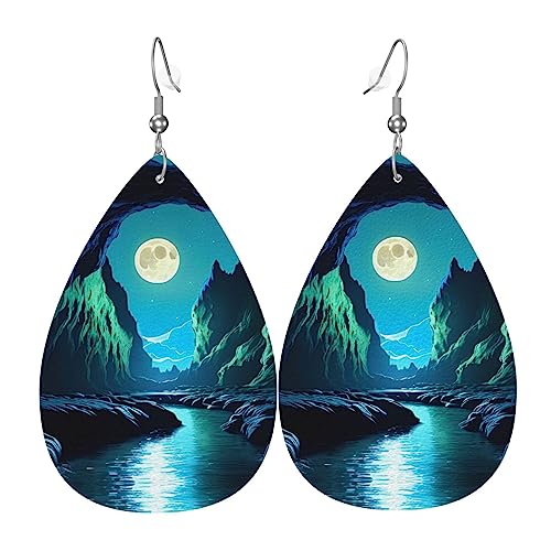 Elegantes aretes de cuero con estampado de cueva de luna de agua para mujer, joyería colgante en forma de lágrima, accesorio ligero con purpurina, talla única, cuero, sin piedras preciosas, talla