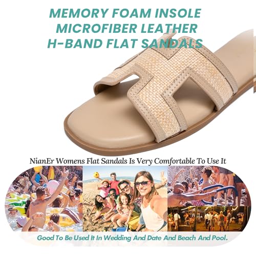 Image of NianEr Womens Microfiber Leather Memory Foam H Sandals Summer Shoes Slides | Flat, Comfortable, Slip On, Dressy, Dress, Beach, Vacation, Designer, Comfy, Casual, Bridal, Church, Boho, Office, Work