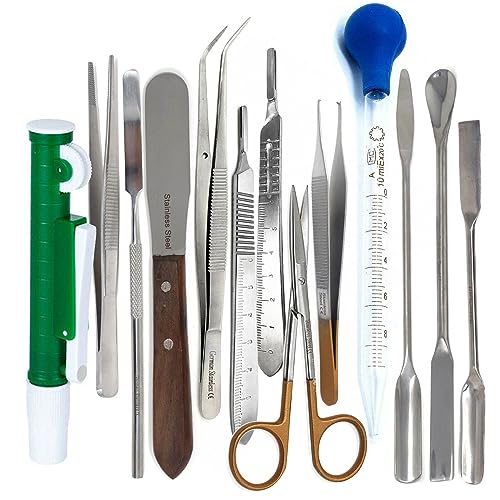 A2Z Scilab 13 Pc Lab Micro Spatula Scoop Spoon Tweezers Sampler Instrument Kit, Stainless Steel - Multi Purpose Laboratory Sampling Mixing Set with Pipette & Pump - Medical Dental Science Lab Supplies