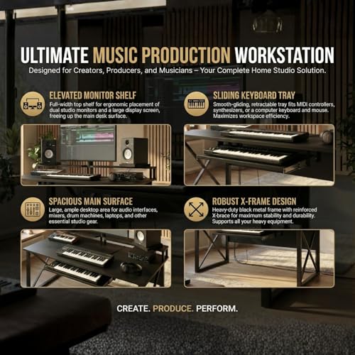 Image of FFo Music Studio Desk | Music Studio Desk with Keyboard Tray | Workstation,Laptop PC Computer, Music Instrument Table for Music Producers | (Black) | (120L x 60W x 87H CM) | (DIY)
