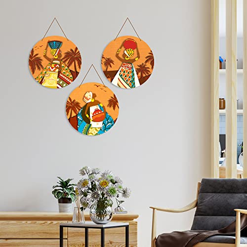 Image of Artvibes African Village Themed Warli Art Round Wooden Wall Hanger for Home Decor | Living Room | Handcrafted Art | Wall Illustrations | Art Prints | Aesthetic Wall Art | Gifts (WH 4201N), Set of 3