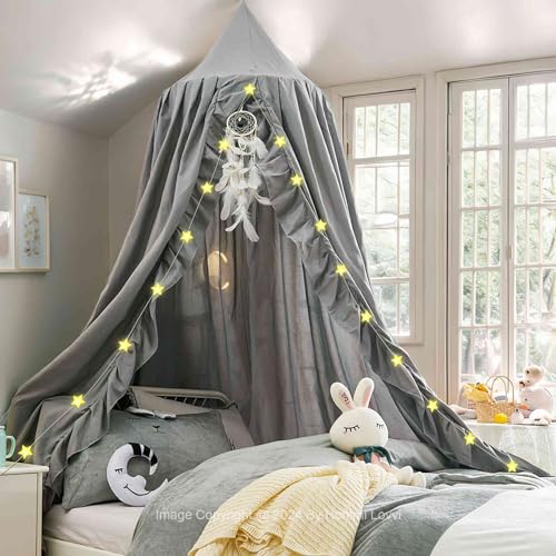 Kids Bed Canopy, Dreamy Frills Canopy for Girls Bedroom Soft Ceiling Hanging Decoration Princess Canopy Net Reading Nook, Extra Large Full Size Bed Canopies with Light – Grey