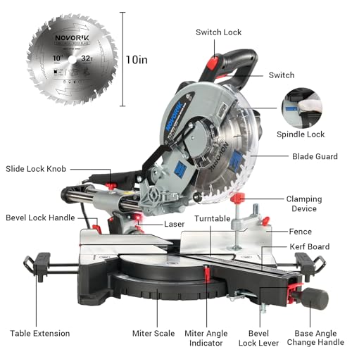 Sliding Compound Miter Saw, 15A 10\", Bevel Cut (0°-45°) with Laser, Extension Table, Iron Blade Guard, Cutting Wood, PVC or Soft Metal