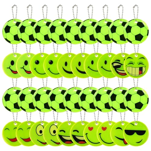 40Pcs Reflective Keyrings, Safety Reflector Pendant, Football Reflective Pendant, Reflector with Chains, 2 Patterns Reflective Backpack Pendant, High Visibility Pendant for Clothes Cycling Walking