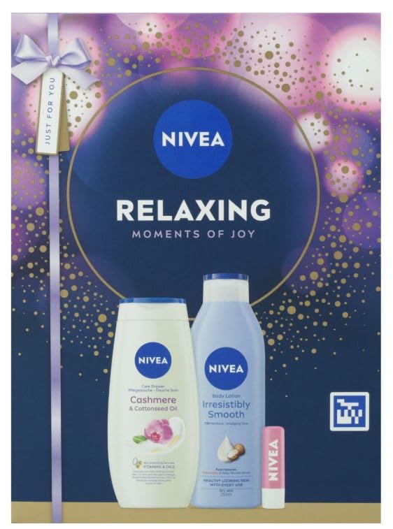 NIVEA Relaxing Moments Of Joy 3‑Piece Body Care Gift Set with 250 ml Shower Cream, 250 ml Body Lotion and Lip Balm – Personal Care Essentials for Daily Use and Thoughtful Gifting