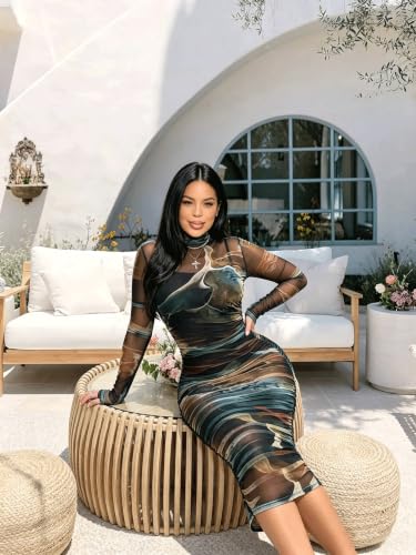 Image of MOEENCN Women's Sexy Long Sleeve Sheer Mesh Midi Bodycon Dress 2 Piece Set