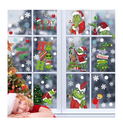 Christmas Grinch Decorations Window Clings, Upgraded Static Christmas Window Stickers, for Car Office Home School Christmas Party Supplies Winter Holiday Decorations