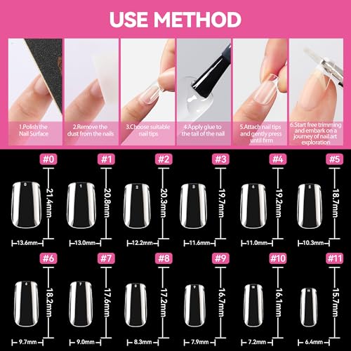 Image of UNA GELLA Short Square Nail Tips 216pcs Short Square Gel Tips 12 Sizes Press On Nails Full Cover Clear Fake Nails Extension for Home DIY Nail Salon