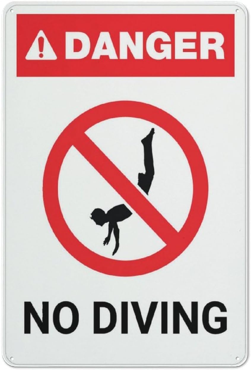Pool No Diving Safety Sign, Public Water Area Professional Risk Warning Metal Plaque 12x8 Inch