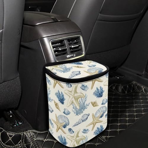 Image of Talayituse Starfish Conch Coral Print Car Trash Can with Adjustable Straps, Car Trash Bag Bin Car Garbage Bag Multipurpose Storage Box for Vehicle Travel Camping Picnicing