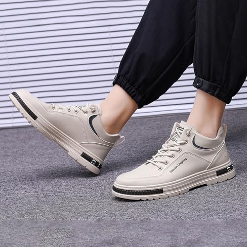 Generic Men's Solid Color Casual Flat Leather Shoes Fashion Lace Up Loafers Sneaker Boots for Men High Top, 7.53