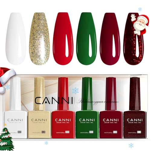 CANNI 6Pcs 9ml Gel Nail Polish Set- White Glitter Gold Emerald Green Burgundy Red Gel Polish Kit Christmas Colors DIY at Home Salon New Years Gifts for Girls
