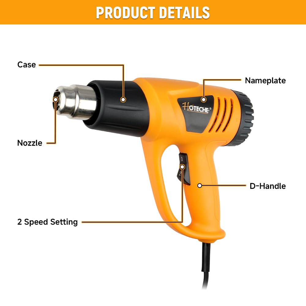 Hoteche Pistola ad aria calda da 2000 W con 4 ugelli, 350 °C e 600 °C, flusso d'aria 480 l/min, isolamento in ceramica, spina VDE, pistola termica per rimozione della vernice, tubo termoretraibile