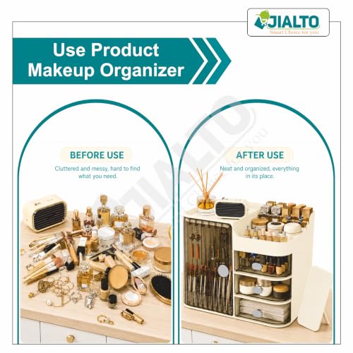 Image of JIALTO Makeup Organizer Box with 4 Compartments- Cosmetic Storage Box & Organiser with Drawers and Brush Holder- Dustproof & Waterproof Makeup Stand for Women- Dressing Table & Vanity Storage