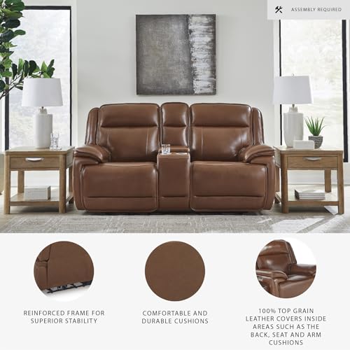 Image of Signature Design by Ashley Healy Pier Power Reclining Loveseat, Zero-Gravity Comfort, Leather and Faux Leather Construction, Home Theater Seating with Console, Dark Brown, 78 inch W