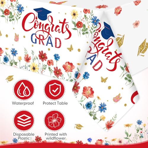 Image of Ganeen 3 Pcs Graduation Tablecloth Floral Class of 2026 Congrats Grad Table Cloth Red Blue Disposable Plastic Rectangle Table Cover for 2026 Graduation Decoration Grad Party Supplies, 54 x 108 Inch