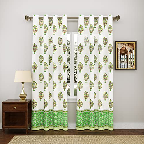 Image of BLOCKS OF INDIA Hand Block Printed Cotton Daylight Semi Sheer Curtains with Eyelets(Set of 2 Semi Sheer Curtains) (Green Paan, Door / 7 Feet)
