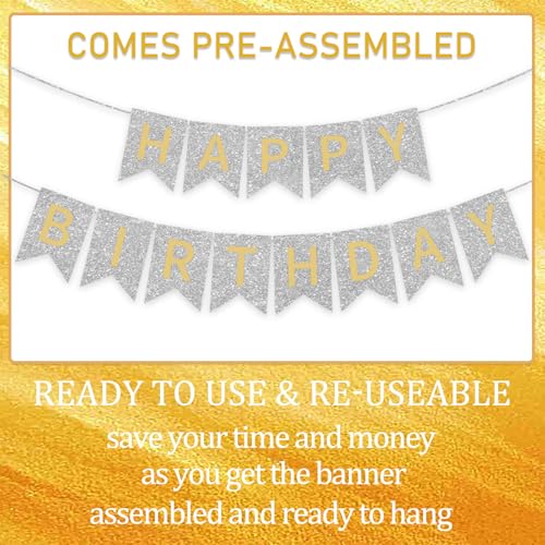Image of Silver Happy Birthday Banner - 16 ft Pre-Strung Gold & Silver Birthday Party Decorations Sign for Girls, Boys, Kids, Women - No DIY Hanging Backdrop for Indoor & Outdoor Celebrations