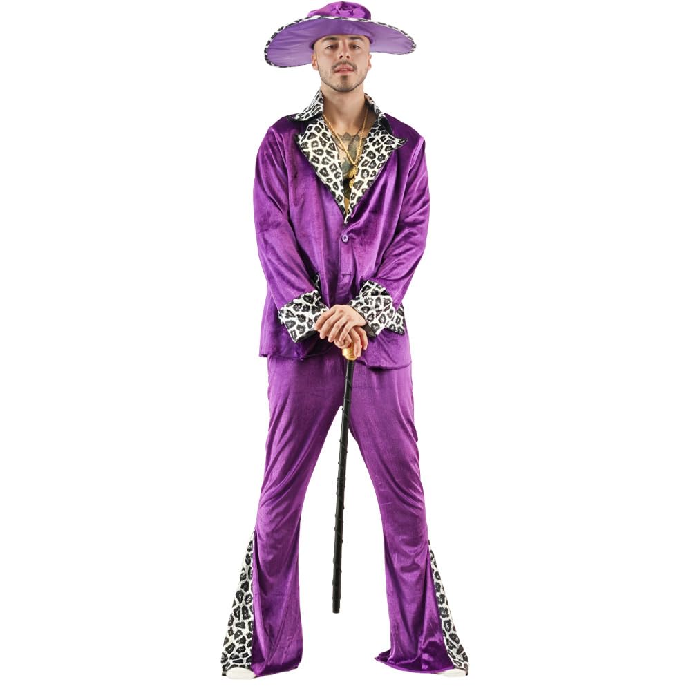 EraSpooky Traje de proxeneta para hombre traje de proxeneta de terciopelo para adulto con estampado de leopardo atuendo retro de los años 70 atuendo de discoteca