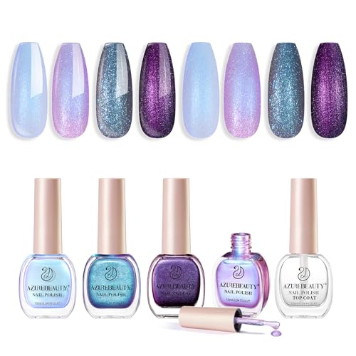 Image of AZUREBEAUTY Holographic Nail Polish Set, 4 Chameleon Colors Purple Pink for DIY Nail Art, Glossy Finish, Ideal Gift for Women