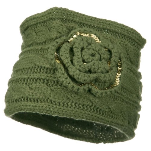 Sequin Flower Knit Head Band - Olive