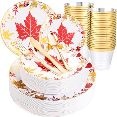 WDF 150 Pieces Thanksgiving Plates Dinnerware - Gold Plastic Silverware and Thanksgiving Plates Maple Leaves Include 25Dinner Plates 25Salad Plates 25Forks 25Knives 25Spoons 25Cups WDF 150 Pieces Thanksgiving Plates Dinnerware - Gold Plastic Silverware and Thanksgiving Plates Maple Leaves Include 25Dinner Plates 25Salad Plates 25Forks 25Knives 25Spoons 25Cups