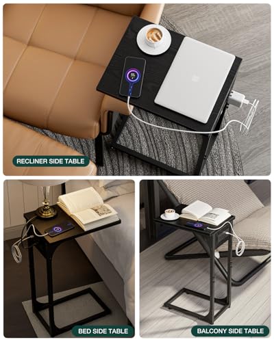 Image of C-Shaped Side Table for Couch - Small Coffee Stand Sofa Tray Desk with Metal Frame Waterproof Scratch Resistant Wood Top and Built-in Charging Station, Black