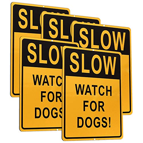 5 Pack Slow Down Signs for Pets, Slow Down Watch for Dogs Signs, Thick Metal Lawn Signs, 7 x 10 Inch High-Intensity Grade Reflective Yellow Aluminum Yard Signs for Sidewalks, Yards and Driveways