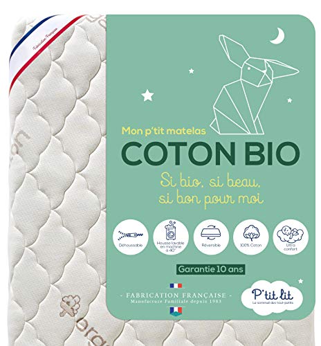 P'TIT LIT - Matelas Bébé Coton Bio - 60x120 cm - 100% Coton : matière Naturelle d'origine Végétale - sans Traitement Chimique - Déhoussable - Oeko Tex® - Fabrication Française