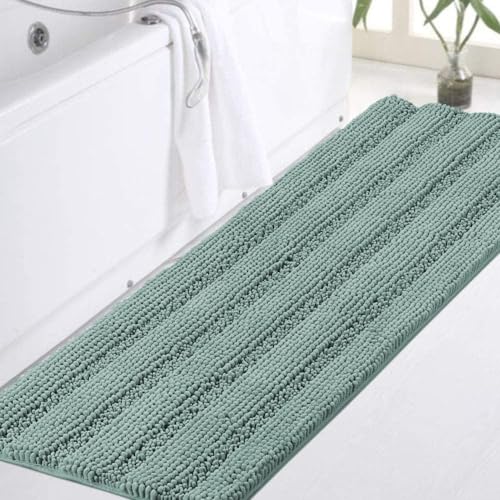Image of Turquoize Bathroom Runner Extra Long Bathroom Rug Blue Chenille Bath Rug Non Slip Shaggy Bath Mat Shag Shower Mat, Soft and Cozy, Super Absorbent Water, Washable Rug, 47 x 17 inches, Duckeggshell Blue