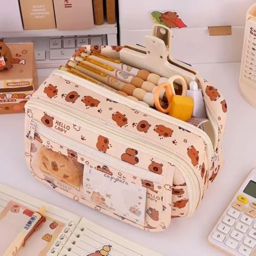 Image of Pencil Pouch for Girls - Aesthetic Multi-Compartment Zipper Pouch with Drawstring Pocket, Cute Kawaii Pencil Case, Stylish Stationery Pouch, Return Gift for Kids & School Use (Hello Capy)
