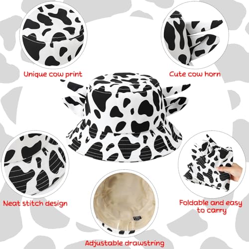 Image of 3 Pcs Cow Printed Bucket Hat Cute Bucket Hat Beach Hat Summer Double Sided Sun Hat Black